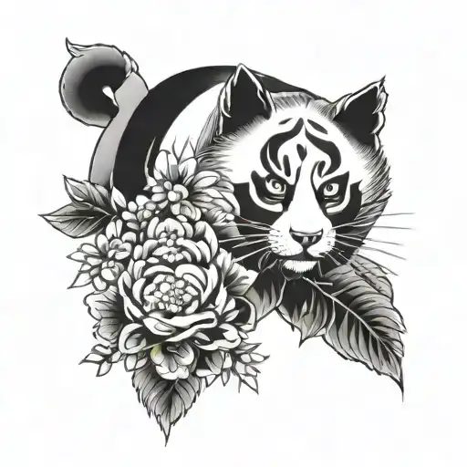 A Tattoo That Include Japanese Cherry Flower With A Cat And An Panda