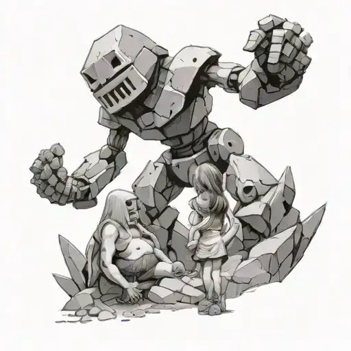 Giant Iron Or Stone Golem With Little Girl