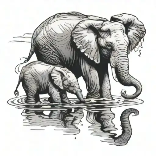 Elephant Looking At Baby Elephant Thru Water Reflection