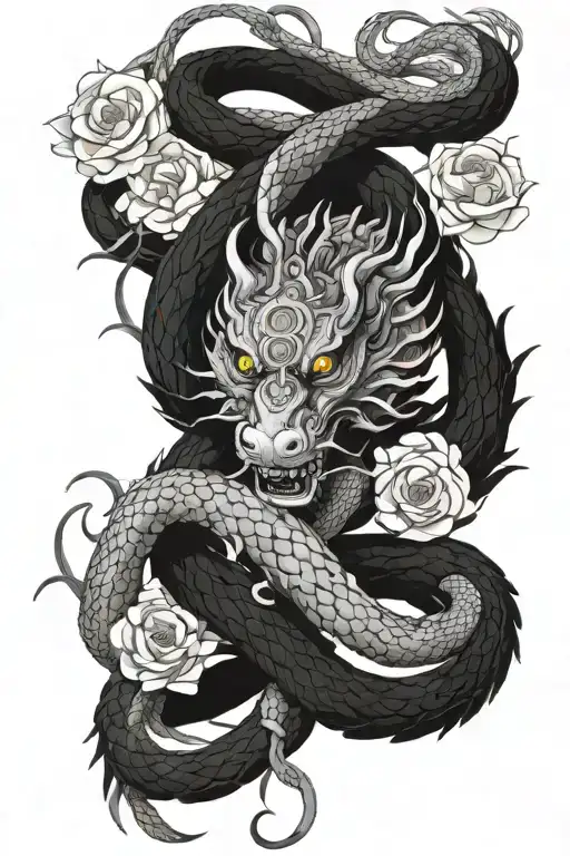 Feminine Detailed With Snakes Long Chinese Dragon Wrapped In Flowers And Chains