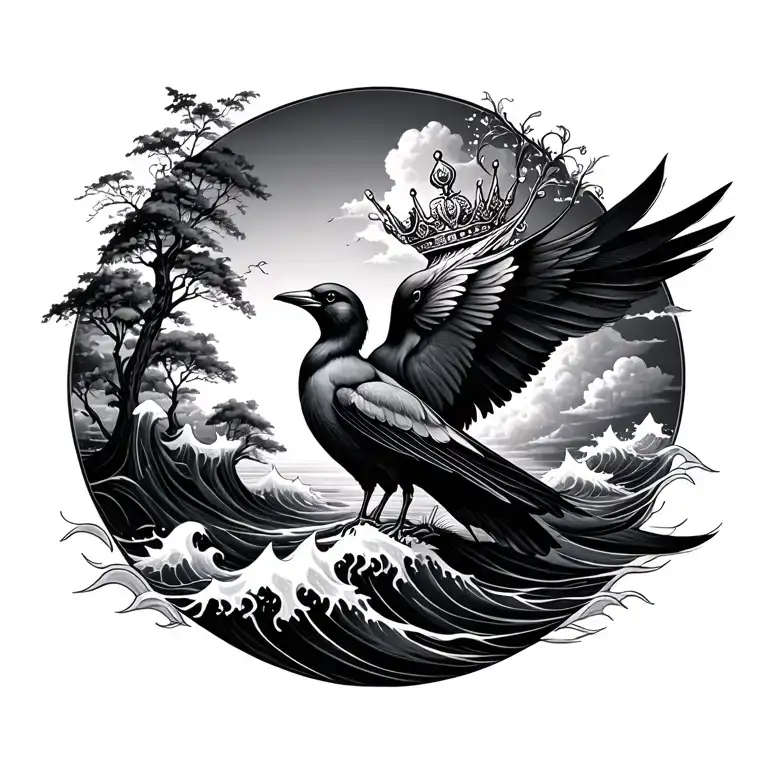 Water Waves Nature Elements Like Trees Clouds Surrounding She-king Crown Birds And Feathers