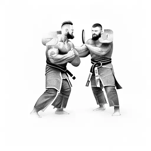 A Black And Grey Tattoo Of A Viking Warrior Engaged In A Brazilian Jiu Jitsu Match