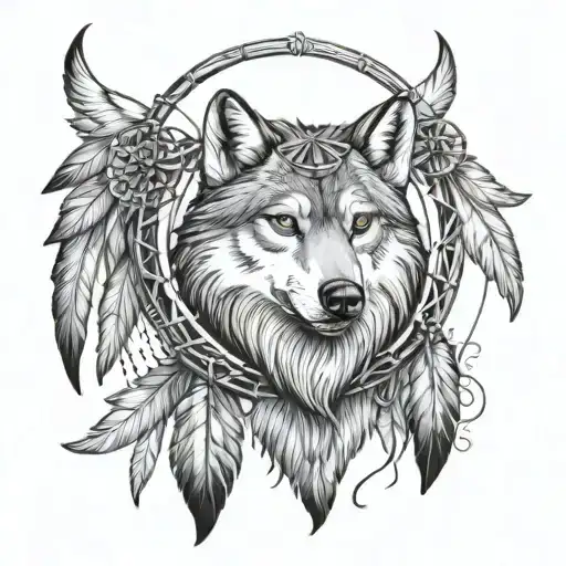Dream Catcher Angel Wings With Wolf Head