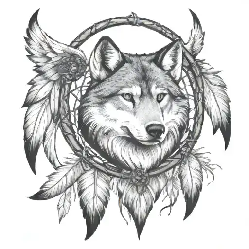 Dream Catcher Angel Wings With Wolf Head