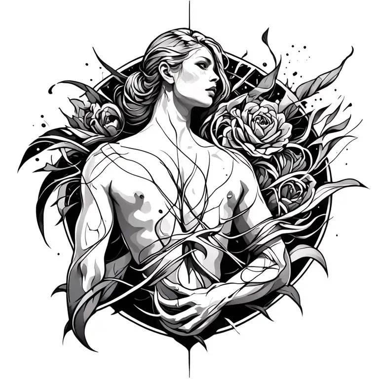 Back Tattoo Design With Assymetic Lines Running From Mid Back Up To The Shoulder And Down The Arms