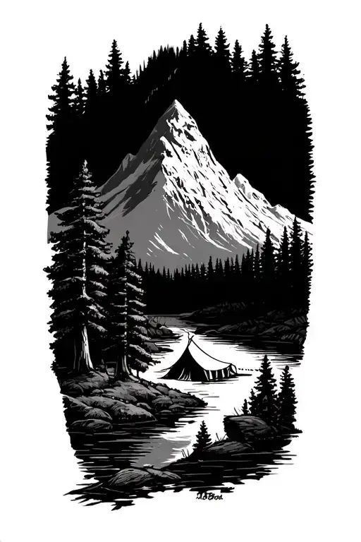 Pine Trees And River Mountain Tent