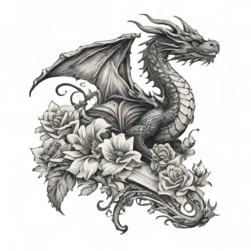 Can You Design Black And White Upper Thigh Tattoo Of A Dragon Lay On A Bed Of Flowers And Book Pages