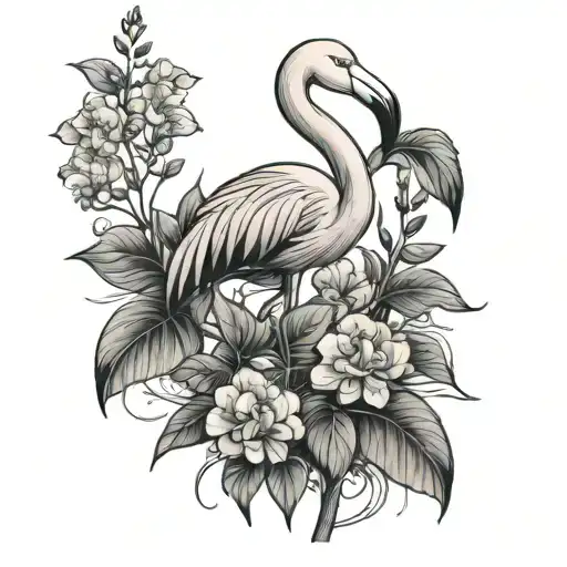 Flamingo With A Lilac Bush Behind It