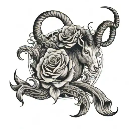 Capricorn Seat Goat With Roses Intertwined Within The Sea Tail