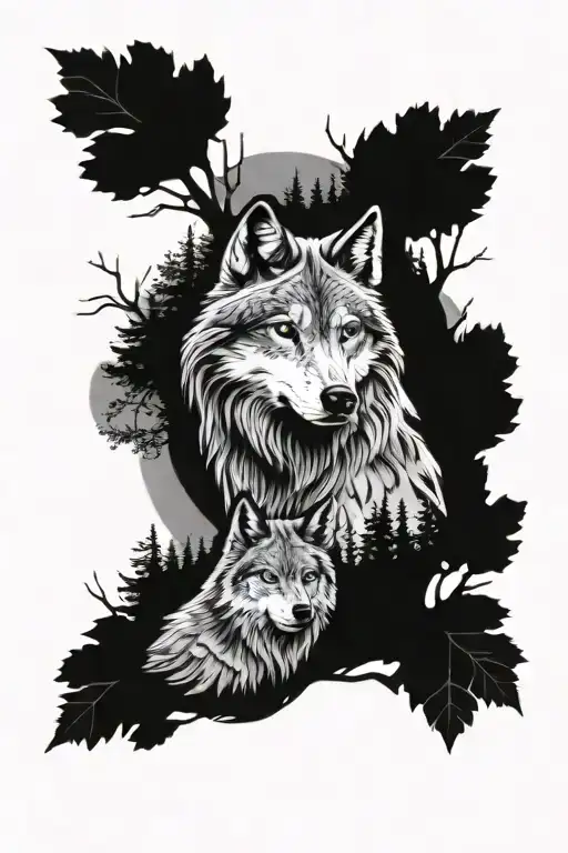 Wolf And Owl Surrounded By Trees