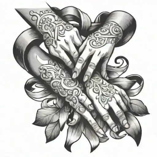 Three Female Hands Holding A Ribbon With Greek Ornament