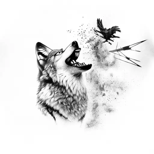A Wolf Growling With Arrows In Its Back While Ravens Fly Overhead