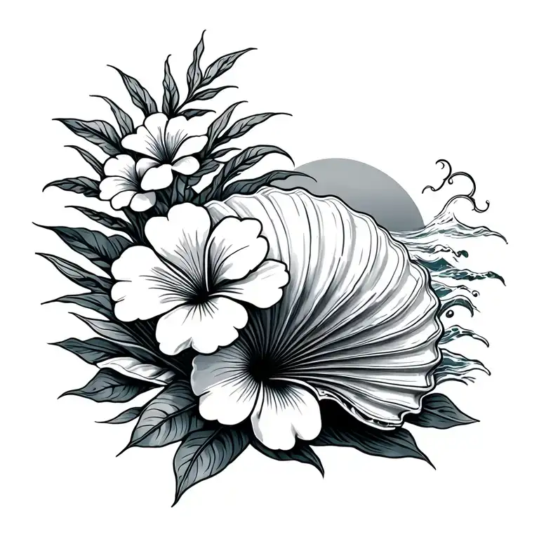 Seashell And Waves Crashing In The Background With Hawaiian Flowers
