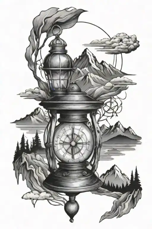 Lantern With Compass And Mountains Panorama
