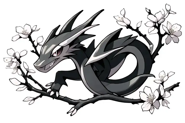Rayquaza Pokemon Wrapped Around Cherry Blossom Branch