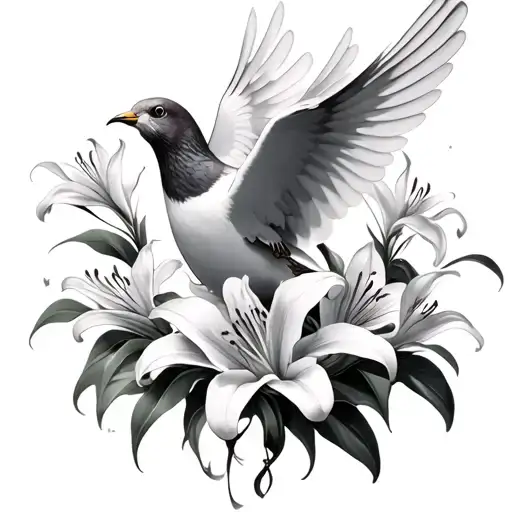 Dove With Lily Flowers Flying To Heaven