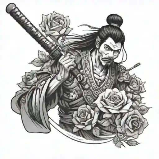 Samurai And Roses Blooming