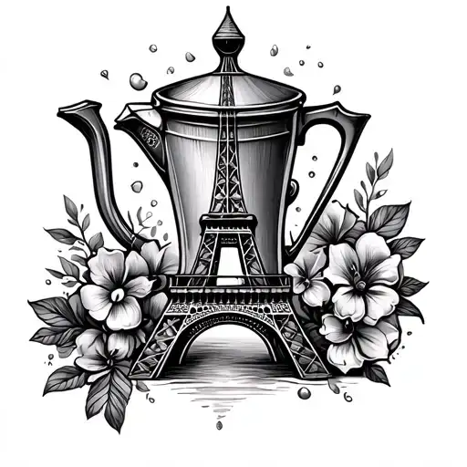Fine Line Tattoo With Eiffel Tower Inside And Italian Coffee Pot