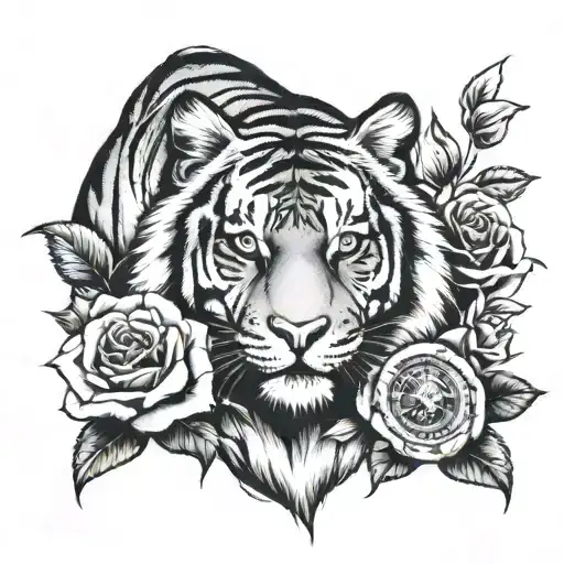 Tiger And Clock And Rose