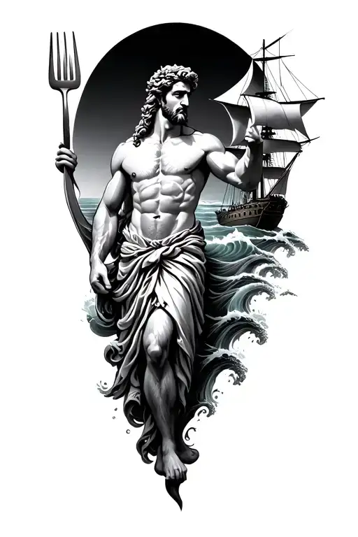 Poseidon Holding His Fork With Ocean Waves And A Ship