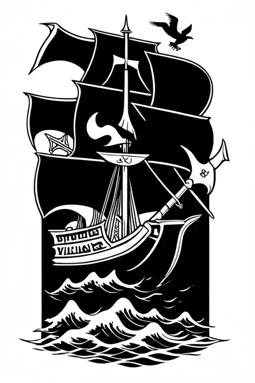 Viking With War Axe Viking Ship With Waves And Crows Nordic War Symbols