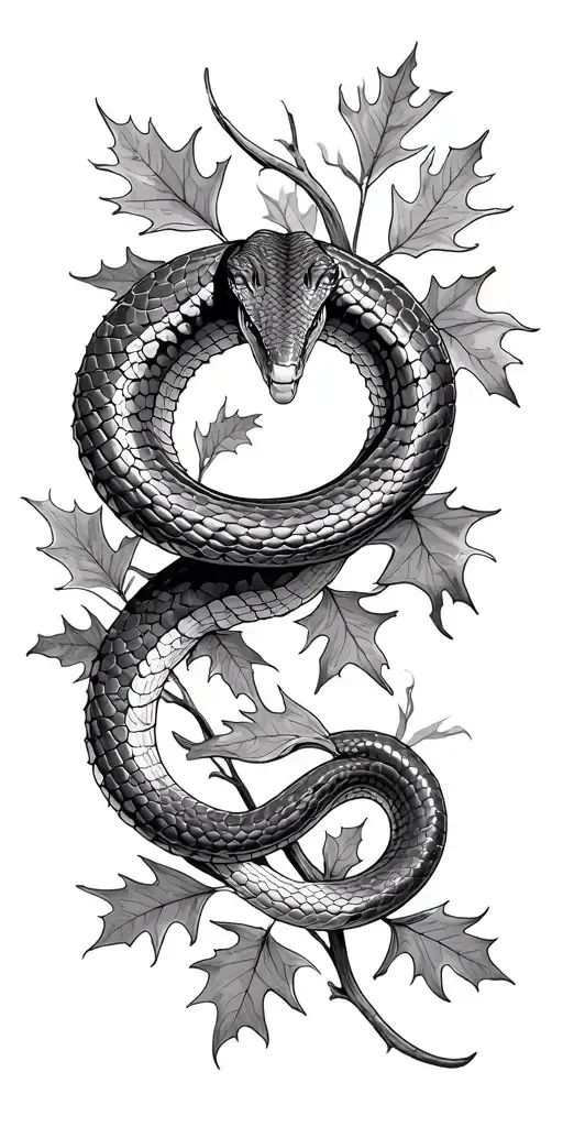 Snake Surrounded By Oak Leaves And Foliage