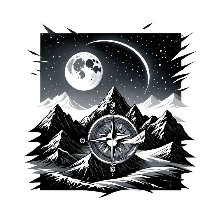 Mountain Range And Compass With Moon And Snow Dew