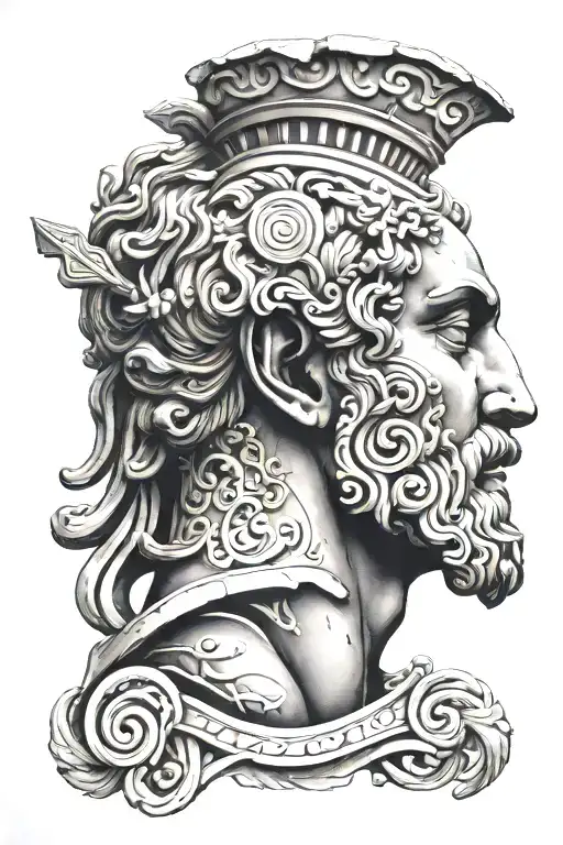 A Greek Statue Head Cut In Half With A Symbolism Of Music Coming Out Of It