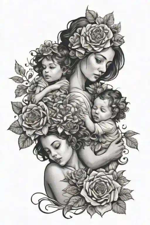 Women Holder Two Kids With Flowers Around Them