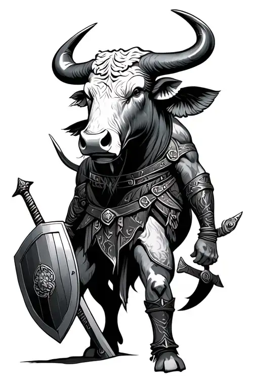 Bull Warrior With Sword And Shield Adorned