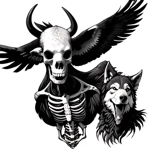 Cowbody Skeleton With Eagle And Wolf