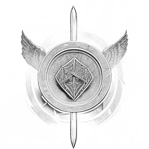 Viking Sword Through Valknut Flabked By Wings