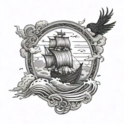 Norse Mythology Longship Sailing Through Stormy Seas Thor Hammer And Raven