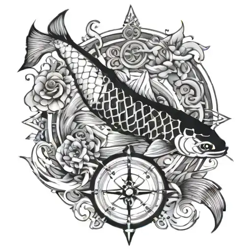 Koi Fish And Compass Surrounded