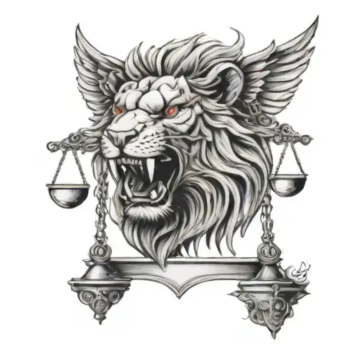 Front Facing Red Lion With The Scales Of Justice In His Mouth