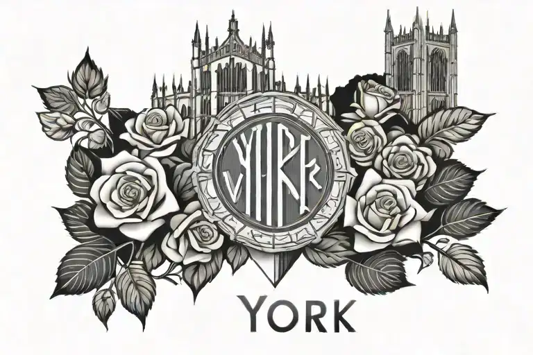 York Minster With Viking Runes In Background And Yorkshire Rose