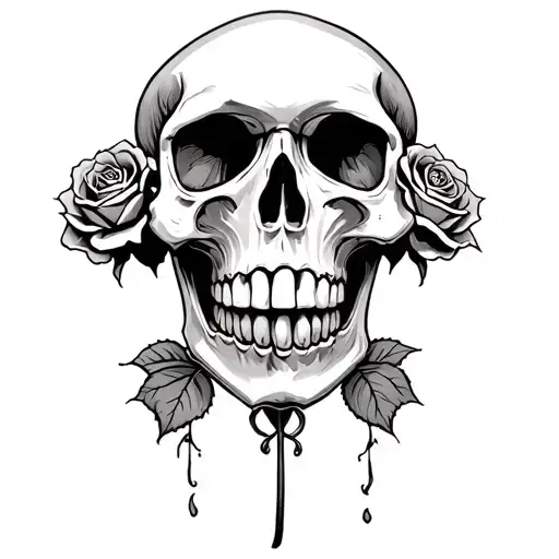 Skull With 2 Roses In Its Teeth