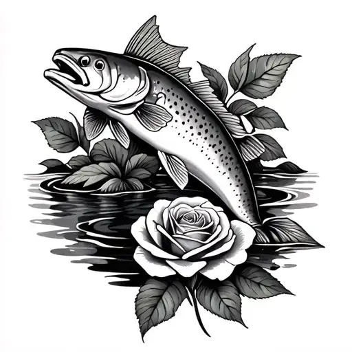 Rainbow Trout With Rose In Stream Of Water