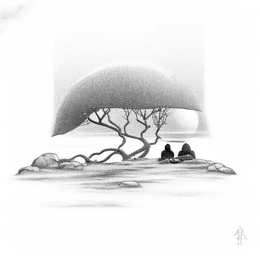 A Black And Grey Sketch Of A Solitary Figure Meditating In A Serene Natural Setting
