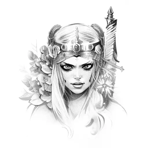 Valkyrie Face With Flowers In Her Hair And Sword In Her Hand