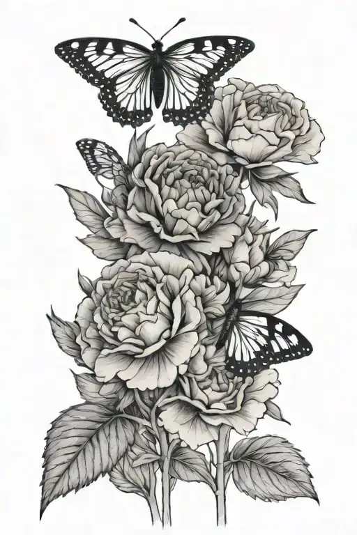 Carnation Bouquet Fine Line With Single Butterfly