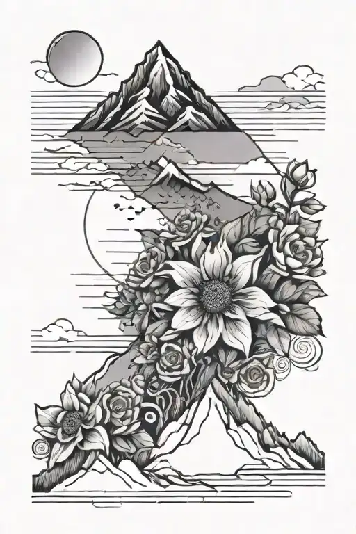 Topographical Lines With Flowers And Moutain Range Outline Along With Sun And Starrs