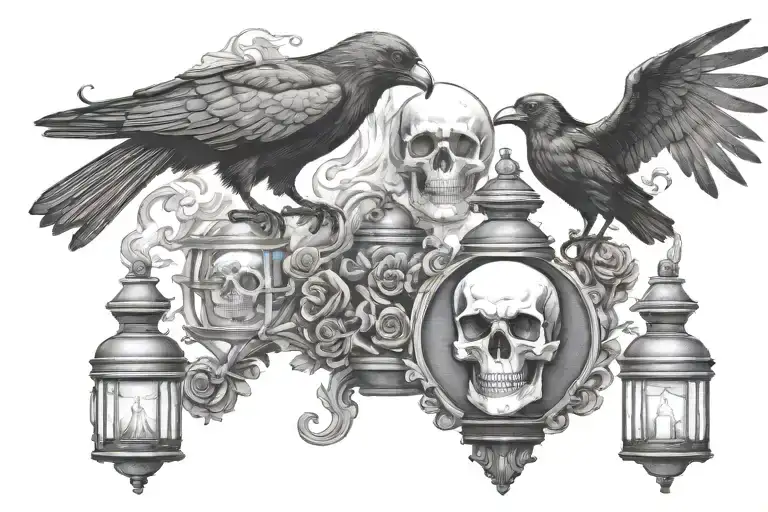 Skull And Crow Perched Ontop Of Lantern Surrounded By Smoke