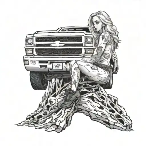 Nude Girl Sitting On A Lifted Cat Eye Chevy Silverado