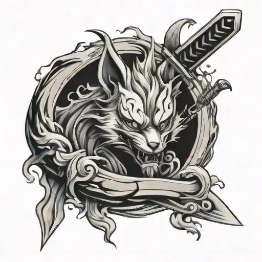 Anime Sword Surrounded By Water Flowing With Kitsune Mask