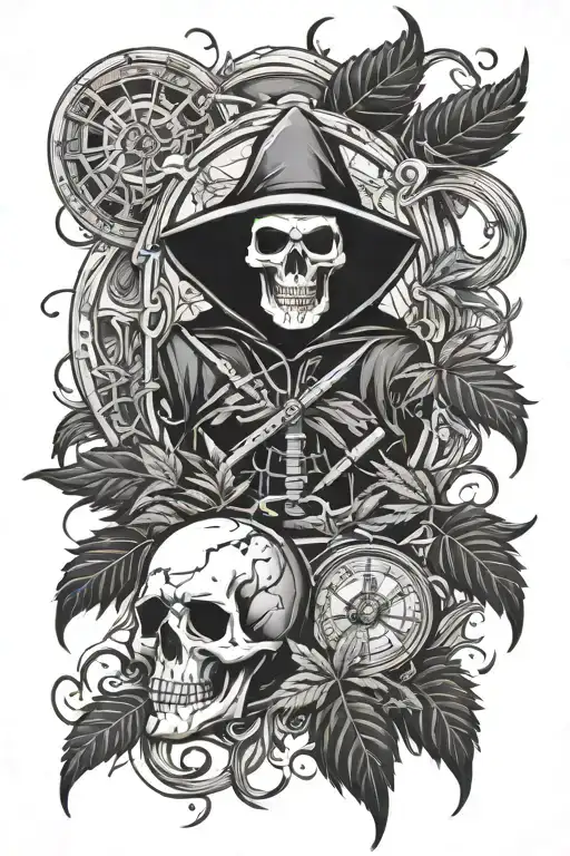 Abstract Time Piece With Marijuana Fill In Gaps And Grim Reaper