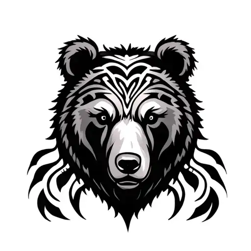 Tribal Tattoo With Bear In Design With Many Shapes Around It