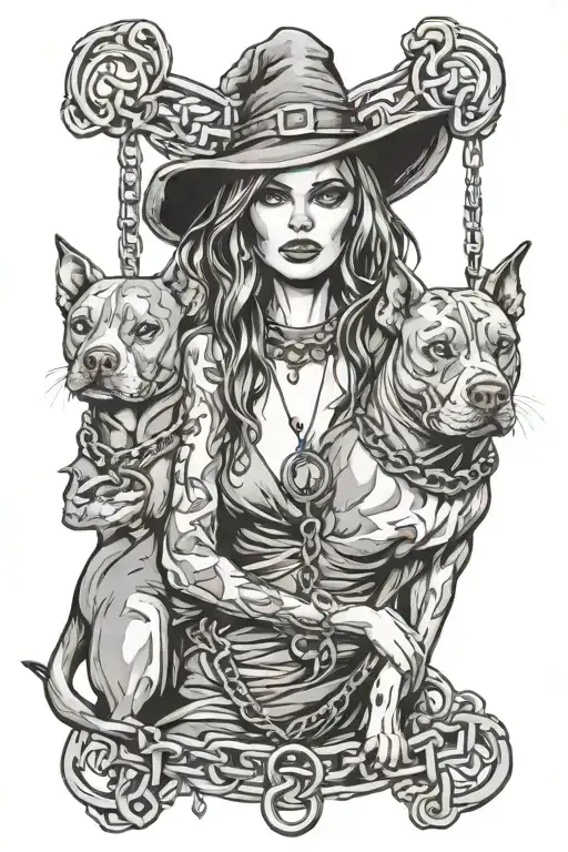 Witch With Pit Bull Dog On Chains Wrapped