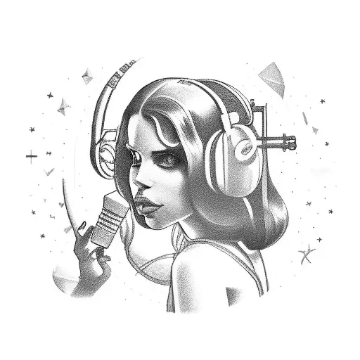 A Black And Grey Portrait Of Lana Del Rey Surrounded By Gaming Symbols And Musical Instruments