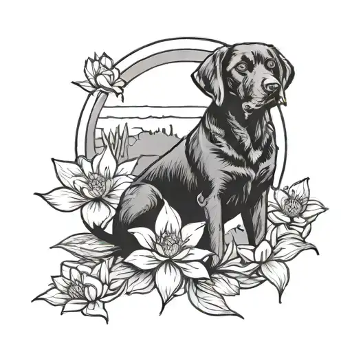 A Black Lab In The Sunrise Surrounded By Lotus Flowers